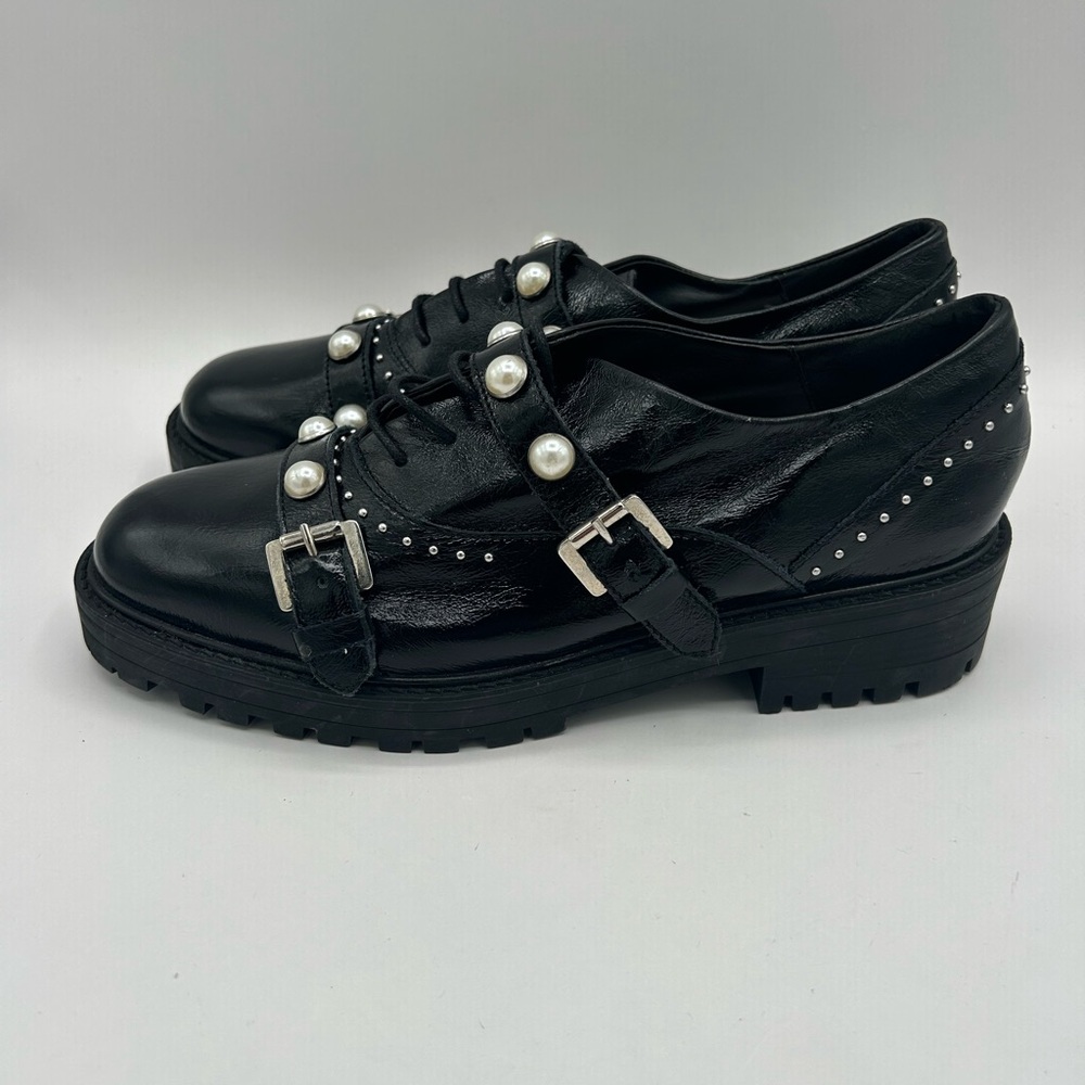 Zara Women’s Patent Leather Studded Pearl Oxford Loafer Shoe Size 36 ( USA 6 ) - Picture 5 of 11